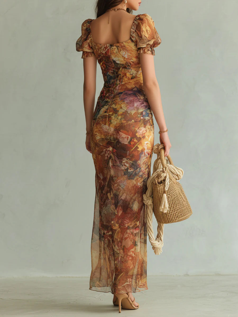 Viola - Lang orange chiffonkjole med boheme-oliemaleri-print