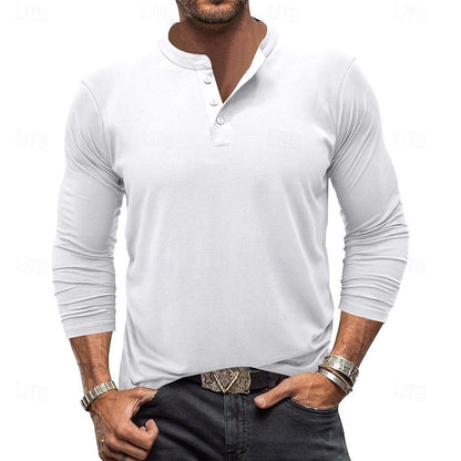 Clásica Camiseta Henley para Hombre Manga-Larga Cuello-con-Botones Corte-Regular