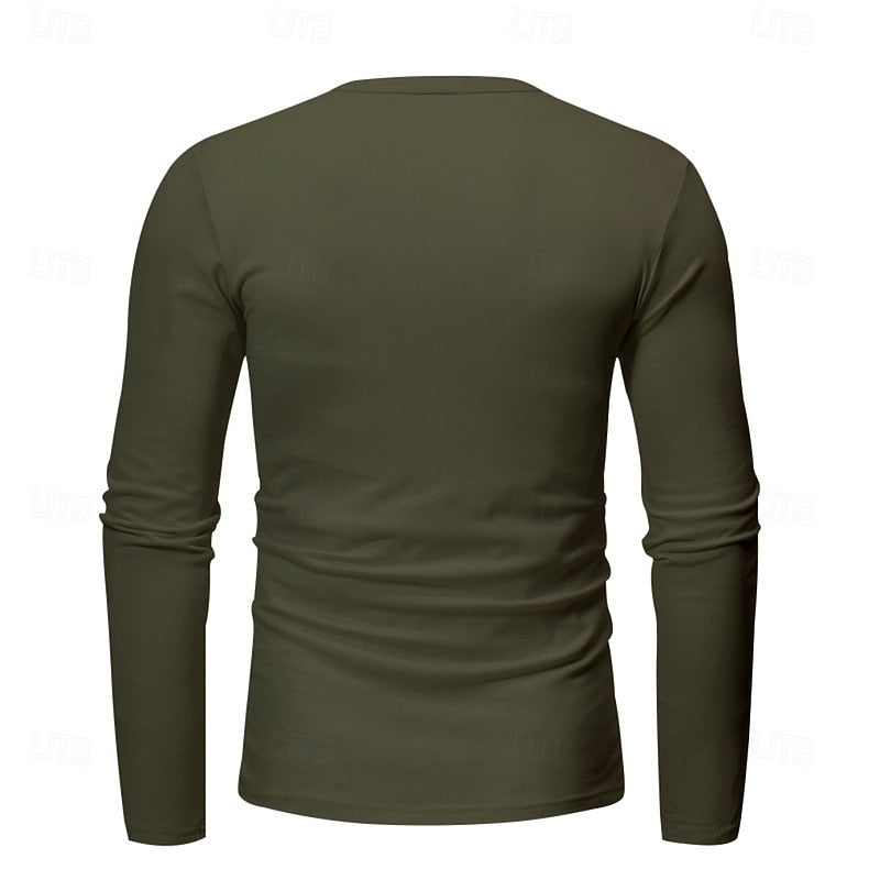 Clásica Camiseta Henley para Hombre Manga-Larga Cuello-con-Botones Corte-Regular