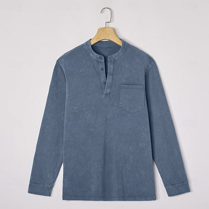 Estilosa Camiseta Henley para Hombre Manga-Larga Con-Bolsillo Lavado-Vintage
