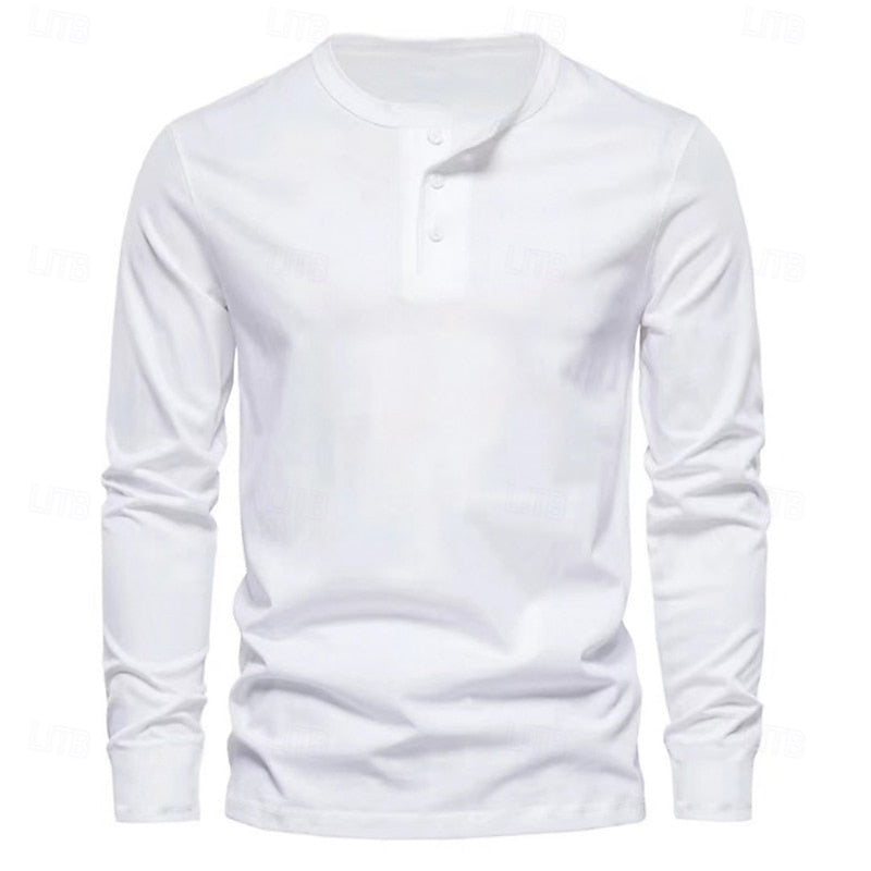 Clásica Camiseta Henley para Hombre Manga-Larga Cuello-con-Botones Corte-Regular