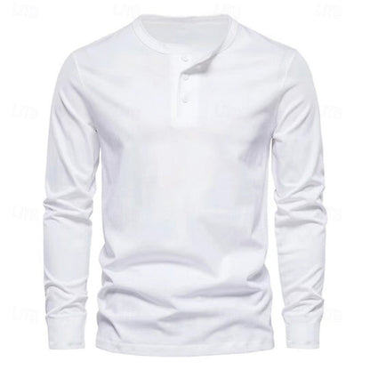 Clásica Camiseta Henley para Hombre Manga-Larga Cuello-con-Botones Corte-Regular