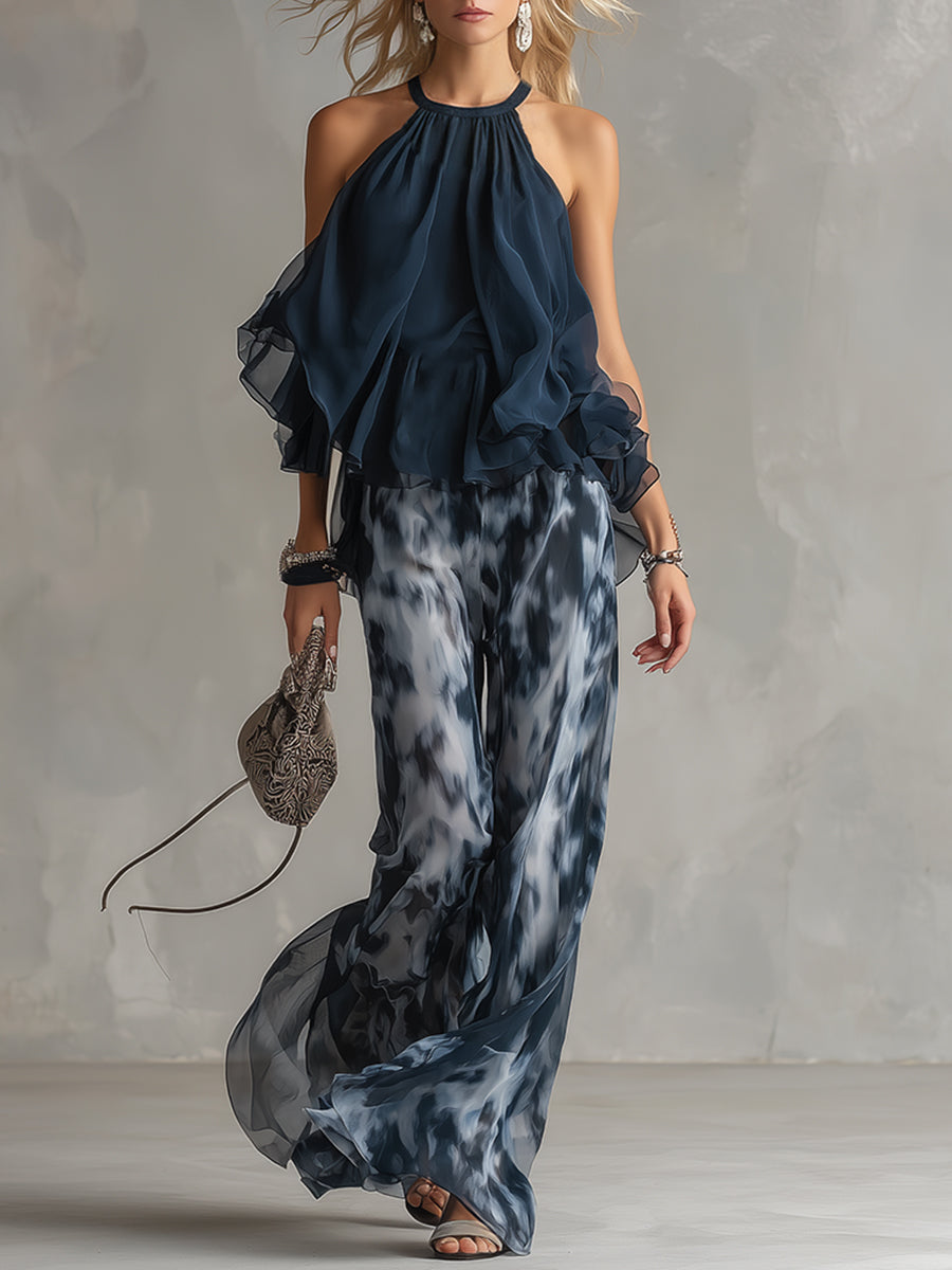 Ludovica - elegant i chiffon med højhalset top og vide printede bukser