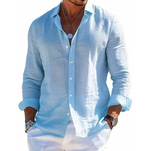 Clásica Camisa para Hombre Corte-Relajado Con-Botones Manga-Larga
