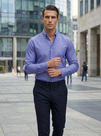 Clásica Camisa para Hombre De-Rayas Corte-Entallado Con-Botones