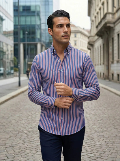 Clásica Camisa para Hombre De-Rayas Corte-Entallado Con-Botones