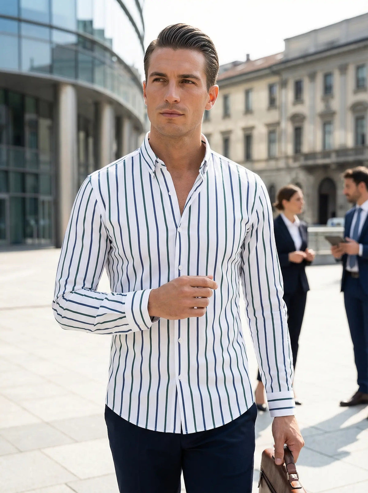 Clásica Camisa para Hombre De-Rayas Corte-Entallado Con-Botones