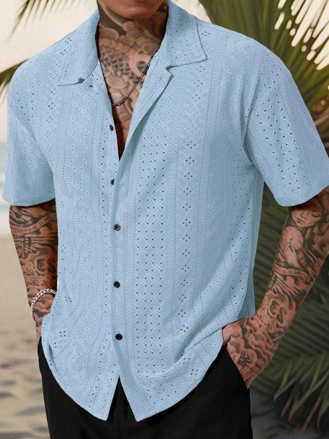 Clásica Camisa para Hombre Manga-Corta Textura-Calada Con-Botones