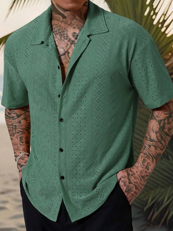 Clásica Camisa para Hombre Manga-Corta Textura-Calada Con-Botones