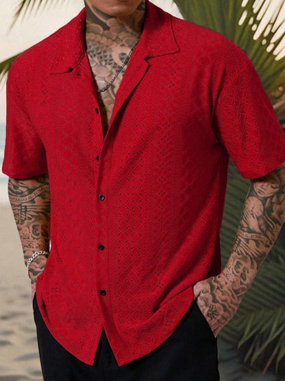 Clásica Camisa para Hombre Manga-Corta Textura-Calada Con-Botones
