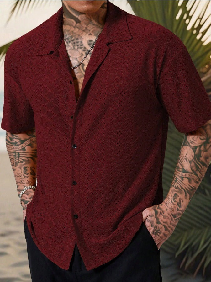 Clásica Camisa para Hombre Manga-Corta Textura-Calada Con-Botones