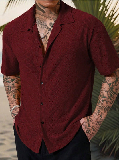 Clásica Camisa para Hombre Manga-Corta Textura-Calada Con-Botones