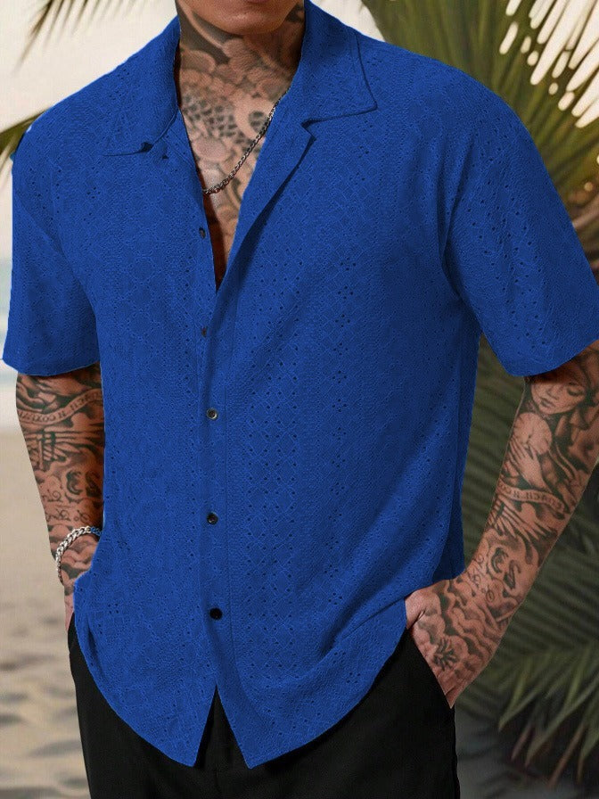 Clásica Camisa para Hombre Manga-Corta Textura-Calada Con-Botones