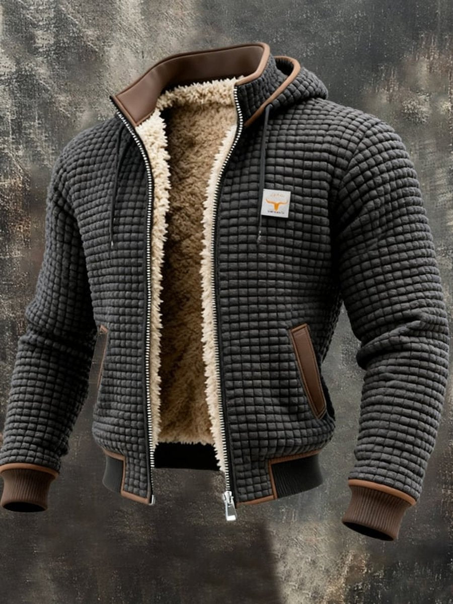 Clásica Chaqueta Acolchada para Hombre Con-Capucha Forro-Polar Detalles-en-Piel