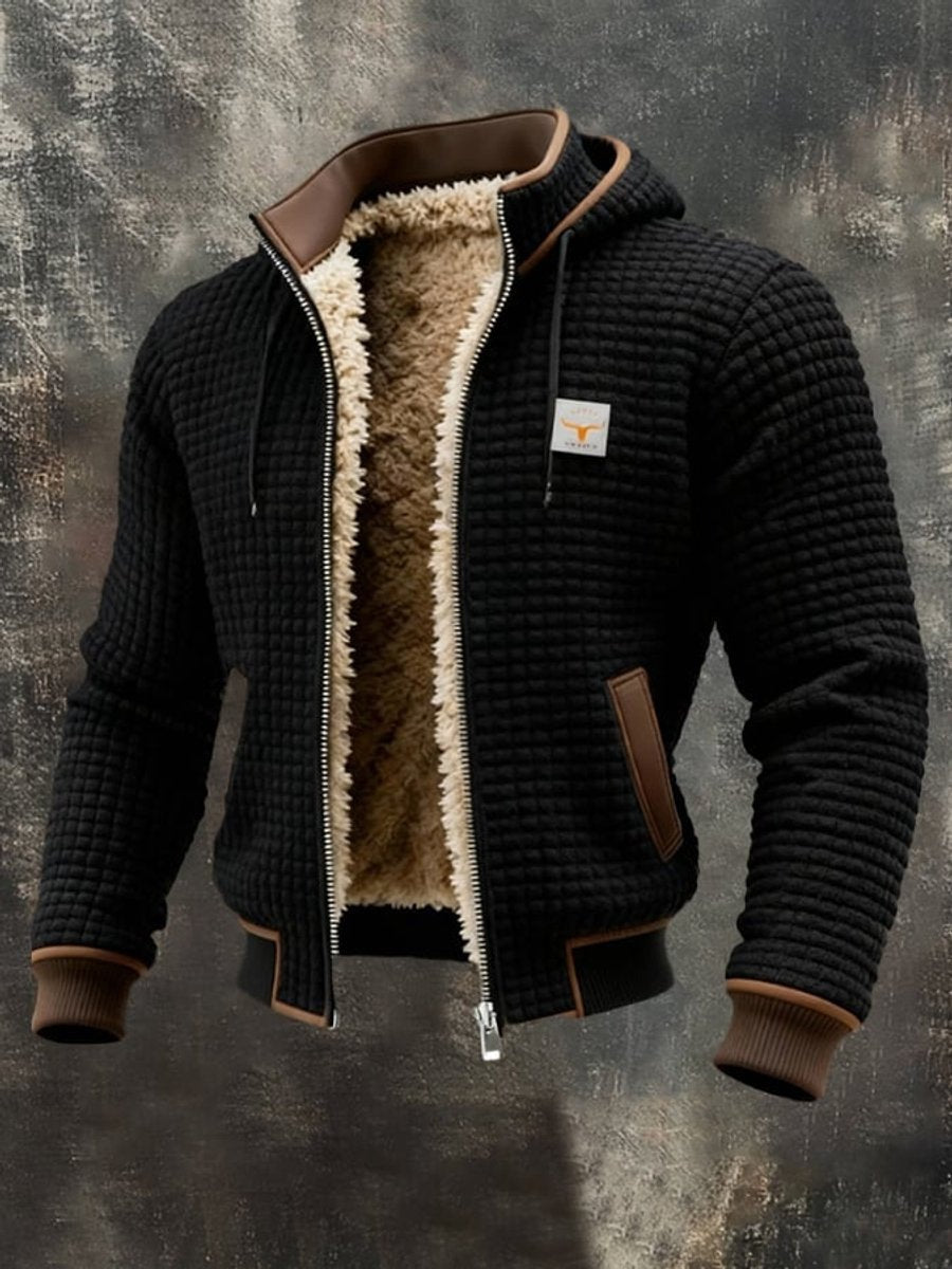 Clásica Chaqueta Acolchada para Hombre Con-Capucha Forro-Polar Detalles-en-Piel