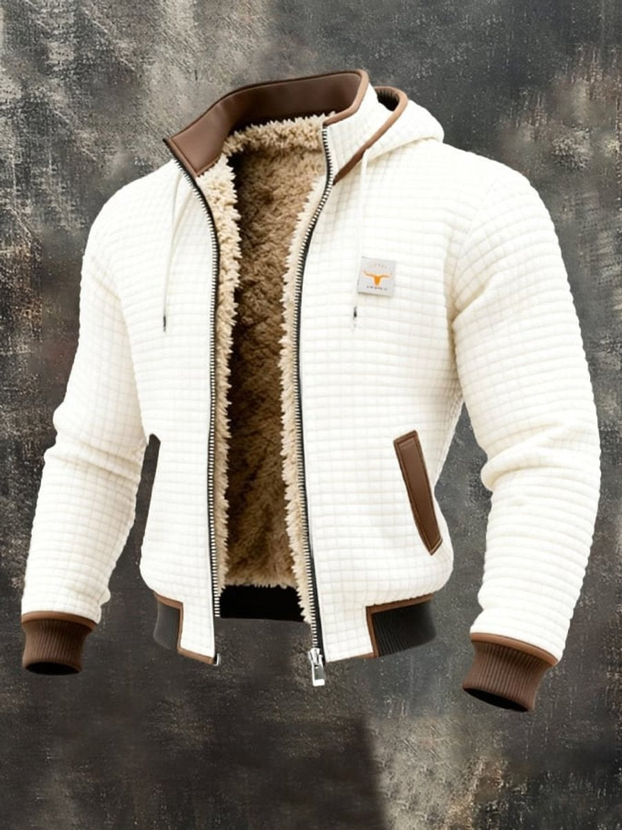 Clásica Chaqueta Acolchada para Hombre Con-Capucha Forro-Polar Detalles-en-Piel