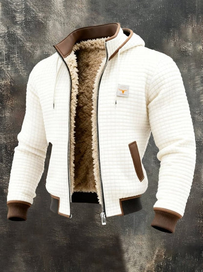 Clásica Chaqueta Acolchada para Hombre Con-Capucha Forro-Polar Detalles-en-Piel
