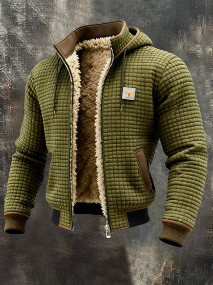Clásica Chaqueta Acolchada para Hombre Con-Capucha Forro-Polar Detalles-en-Piel