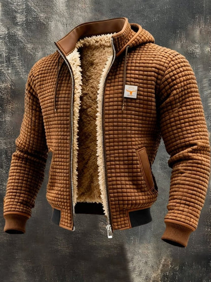 Clásica Chaqueta Acolchada para Hombre Con-Capucha Forro-Polar Detalles-en-Piel