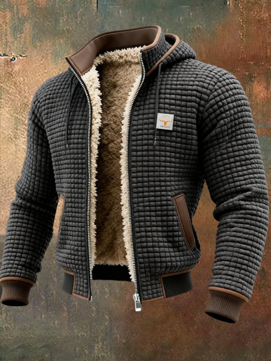 Clásica Chaqueta Acolchada para Hombre Con-Capucha Forro-Polar Detalles-en-Piel