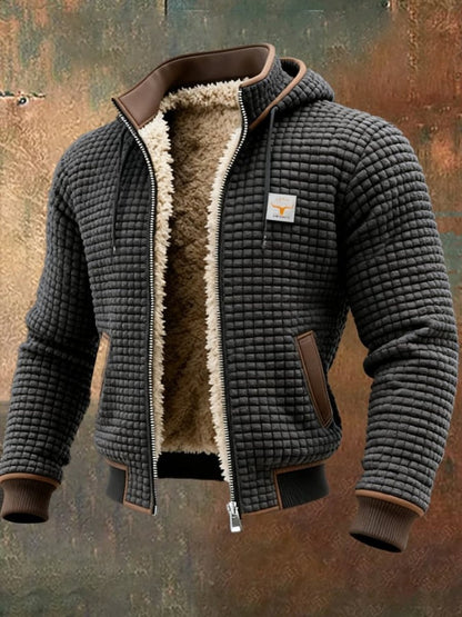 Clásica Chaqueta Acolchada para Hombre Con-Capucha Forro-Polar Detalles-en-Piel