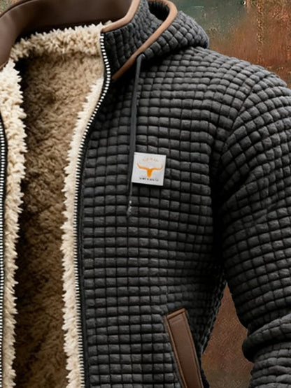Clásica Chaqueta Acolchada para Hombre Con-Capucha Forro-Polar Detalles-en-Piel
