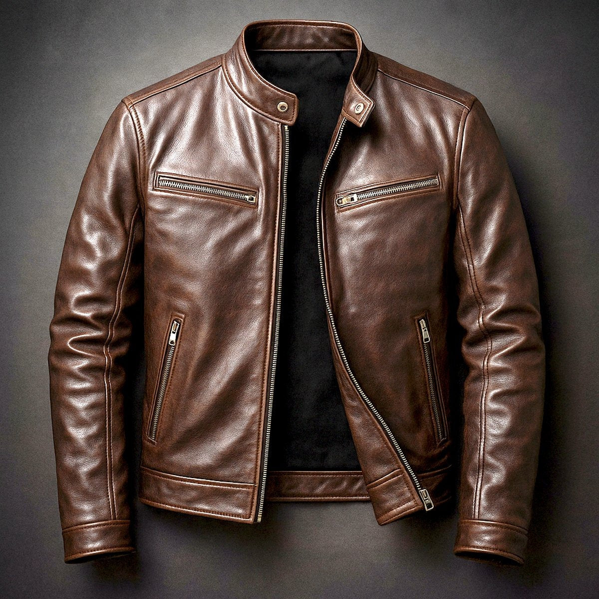Clásica Chaqueta Biker de Piel para Hombre Acolchada Cuello-Alto Cuatro-Bolsillos