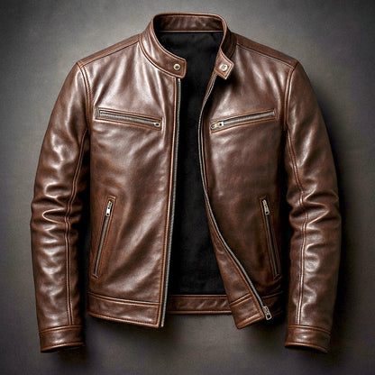 Clásica Chaqueta Biker de Piel para Hombre Acolchada Cuello-Alto Cuatro-Bolsillos