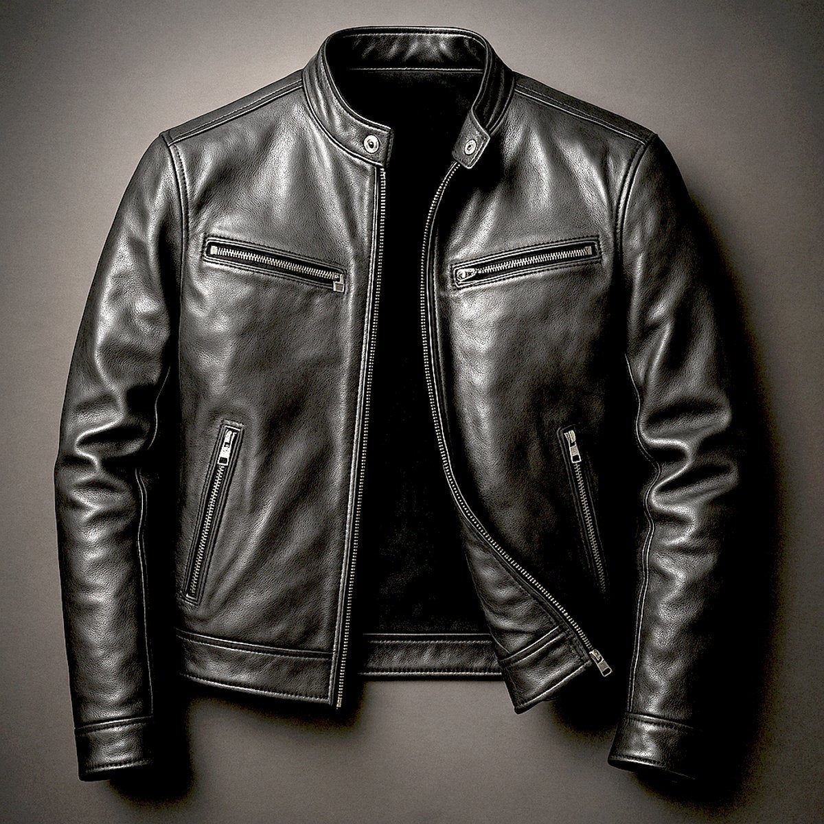 Clásica Chaqueta Biker de Piel para Hombre Acolchada Cuello-Alto Cuatro-Bolsillos