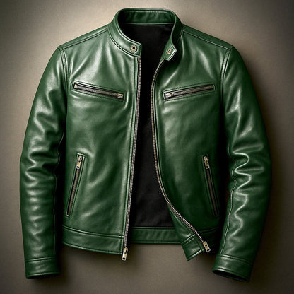 Clásica Chaqueta Biker de Piel para Hombre Acolchada Cuello-Alto Cuatro-Bolsillos