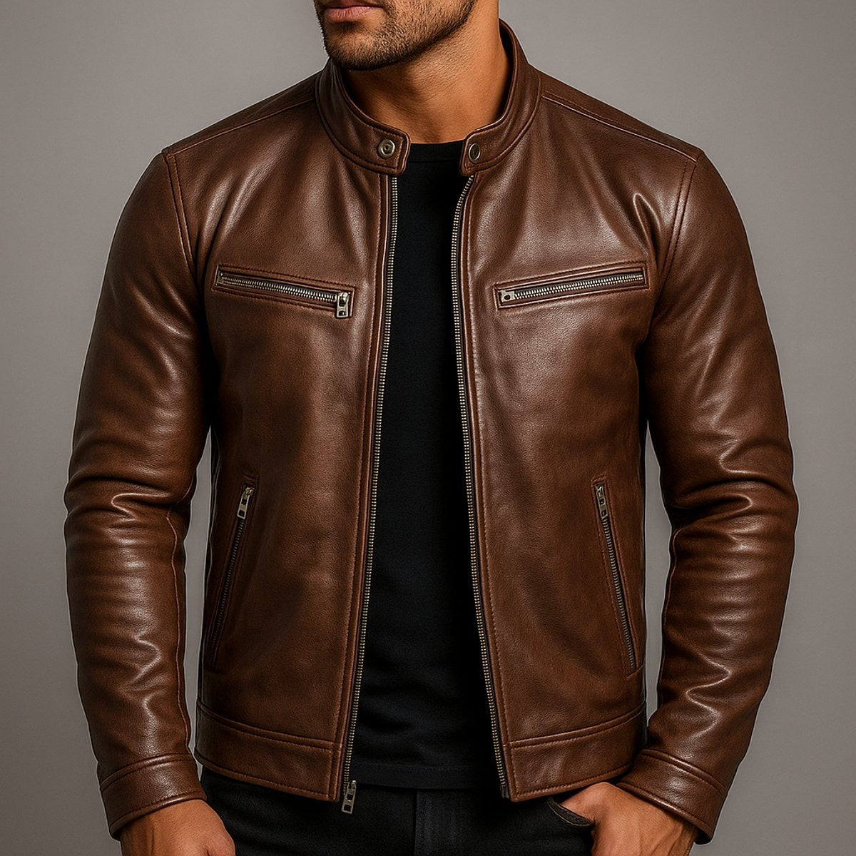 Clásica Chaqueta Biker de Piel para Hombre Acolchada Cuello-Alto Cuatro-Bolsillos
