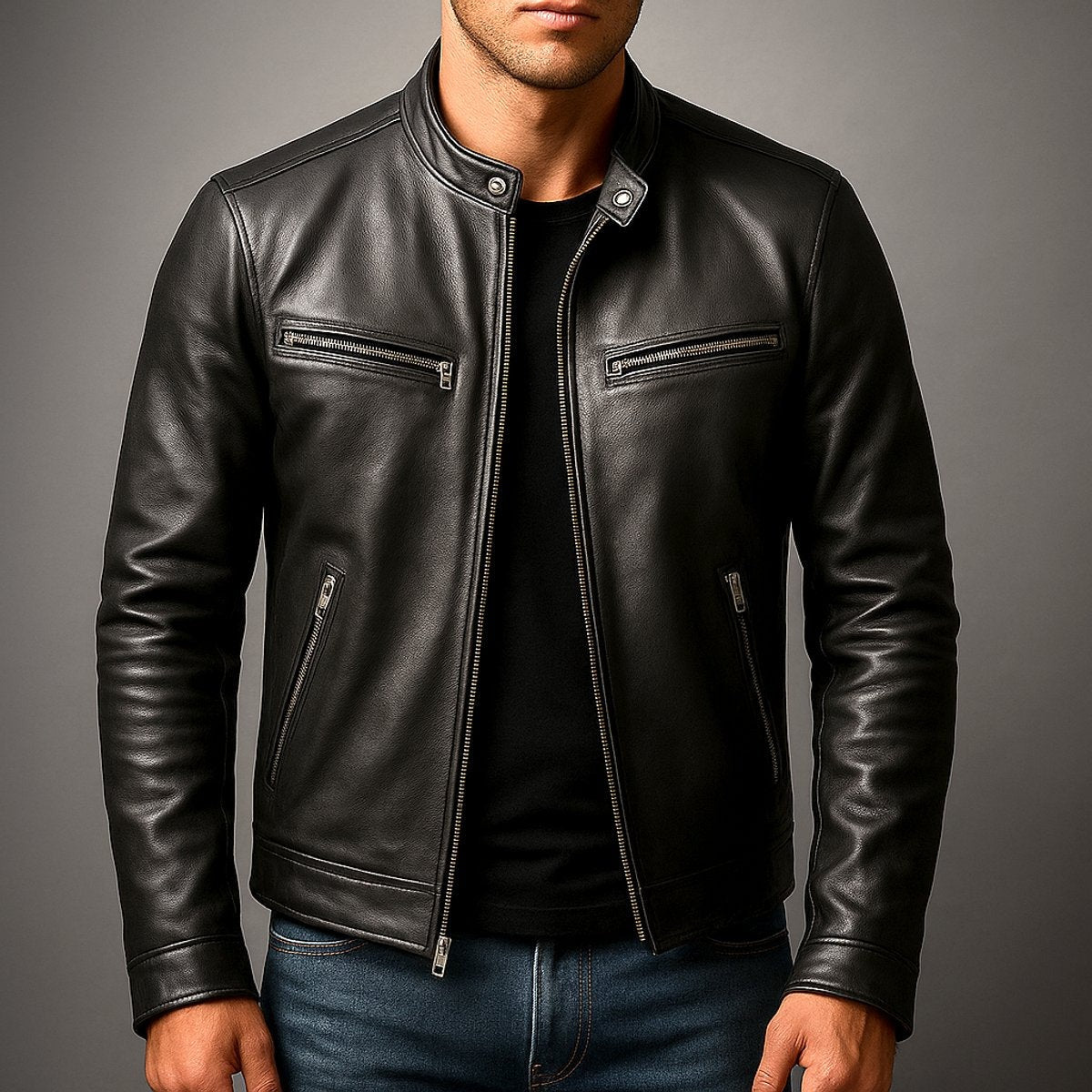 Clásica Chaqueta Biker de Piel para Hombre Acolchada Cuello-Alto Cuatro-Bolsillos