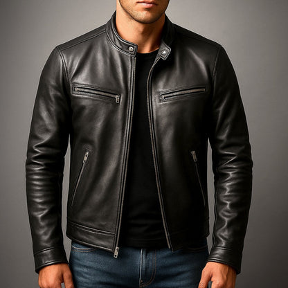Clásica Chaqueta Biker de Piel para Hombre Acolchada Cuello-Alto Cuatro-Bolsillos