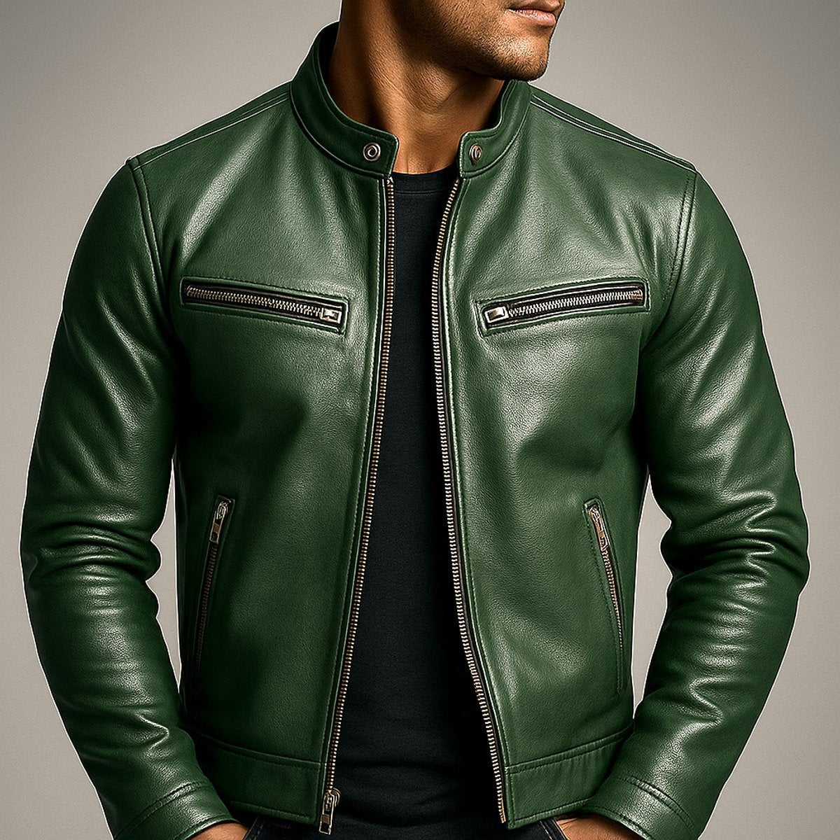 Clásica Chaqueta Biker de Piel para Hombre Acolchada Cuello-Alto Cuatro-Bolsillos