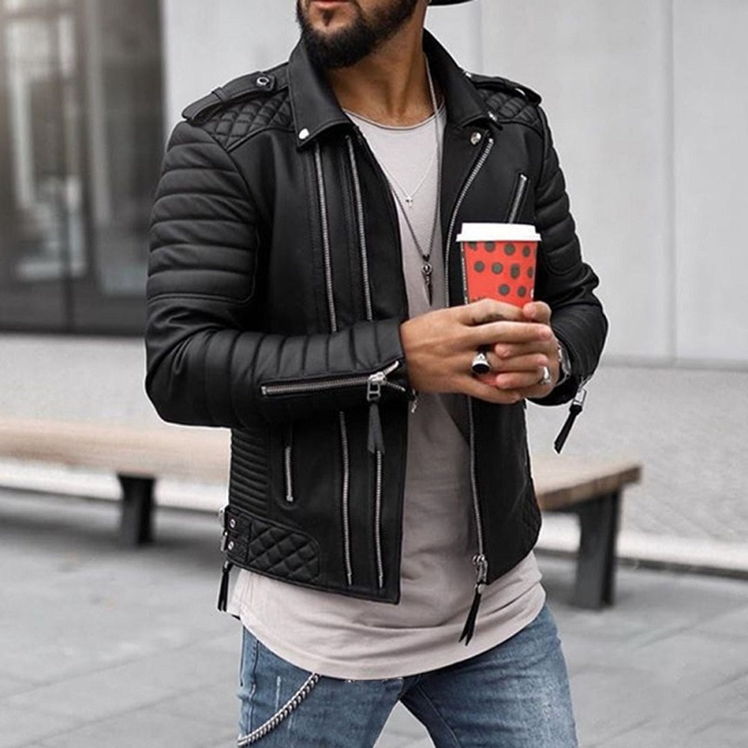 Clásica Chaqueta de Cuero para Hombre Estilo-Motero Acolchada Con-Cremallera