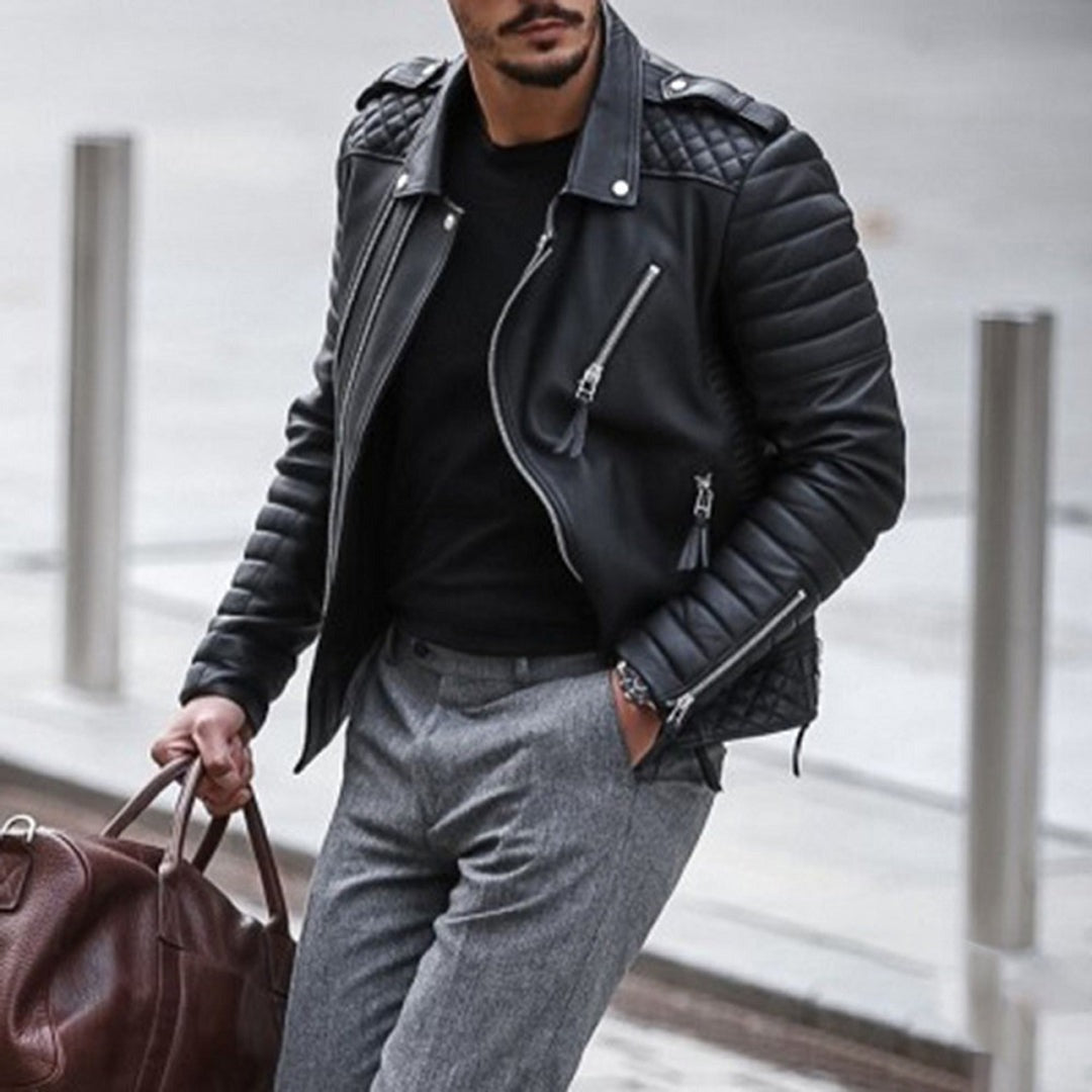 Clásica Chaqueta de Cuero para Hombre Estilo-Motero Acolchada Con-Cremallera