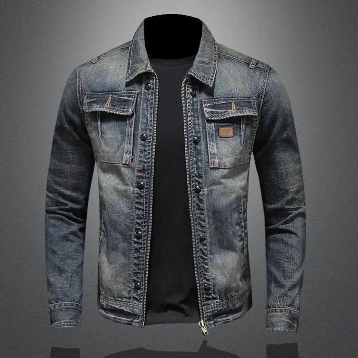 Clásica Chaqueta Vaquera para Hombre Efecto-Vintage Con-Cremallera Bolsillos-de-Pecho