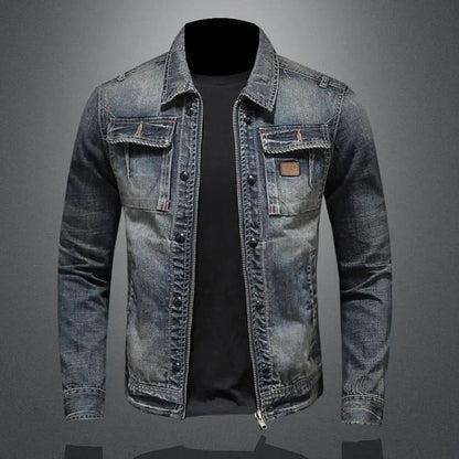 Clásica Chaqueta Vaquera para Hombre Efecto-Vintage Con-Cremallera Bolsillos-de-Pecho