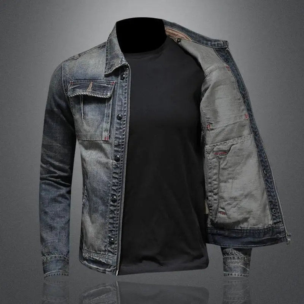 Clásica Chaqueta Vaquera para Hombre Efecto-Vintage Con-Cremallera Bolsillos-de-Pecho