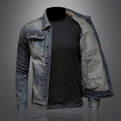 Clásica Chaqueta Vaquera para Hombre Efecto-Vintage Con-Cremallera Bolsillos-de-Pecho