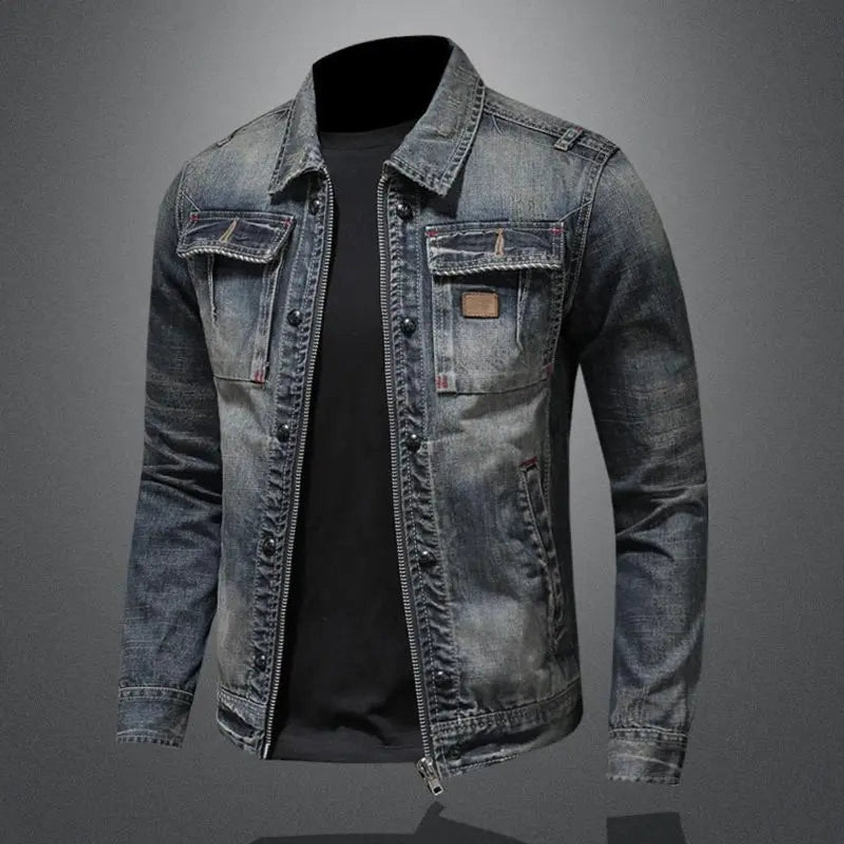 Clásica Chaqueta Vaquera para Hombre Efecto-Vintage Con-Cremallera Bolsillos-de-Pecho