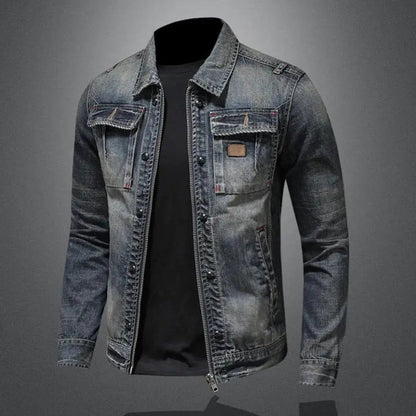 Clásica Chaqueta Vaquera para Hombre Efecto-Vintage Con-Cremallera Bolsillos-de-Pecho