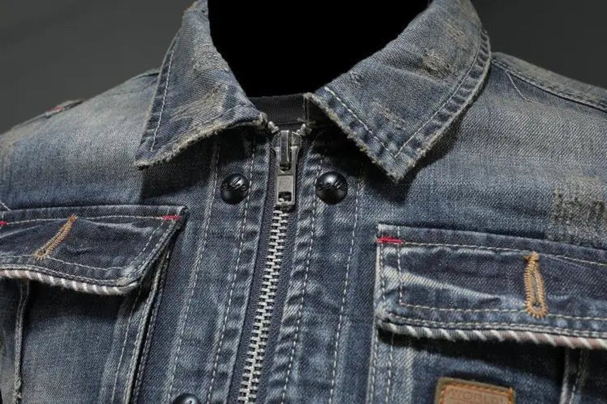 Clásica Chaqueta Vaquera para Hombre Efecto-Vintage Con-Cremallera Bolsillos-de-Pecho