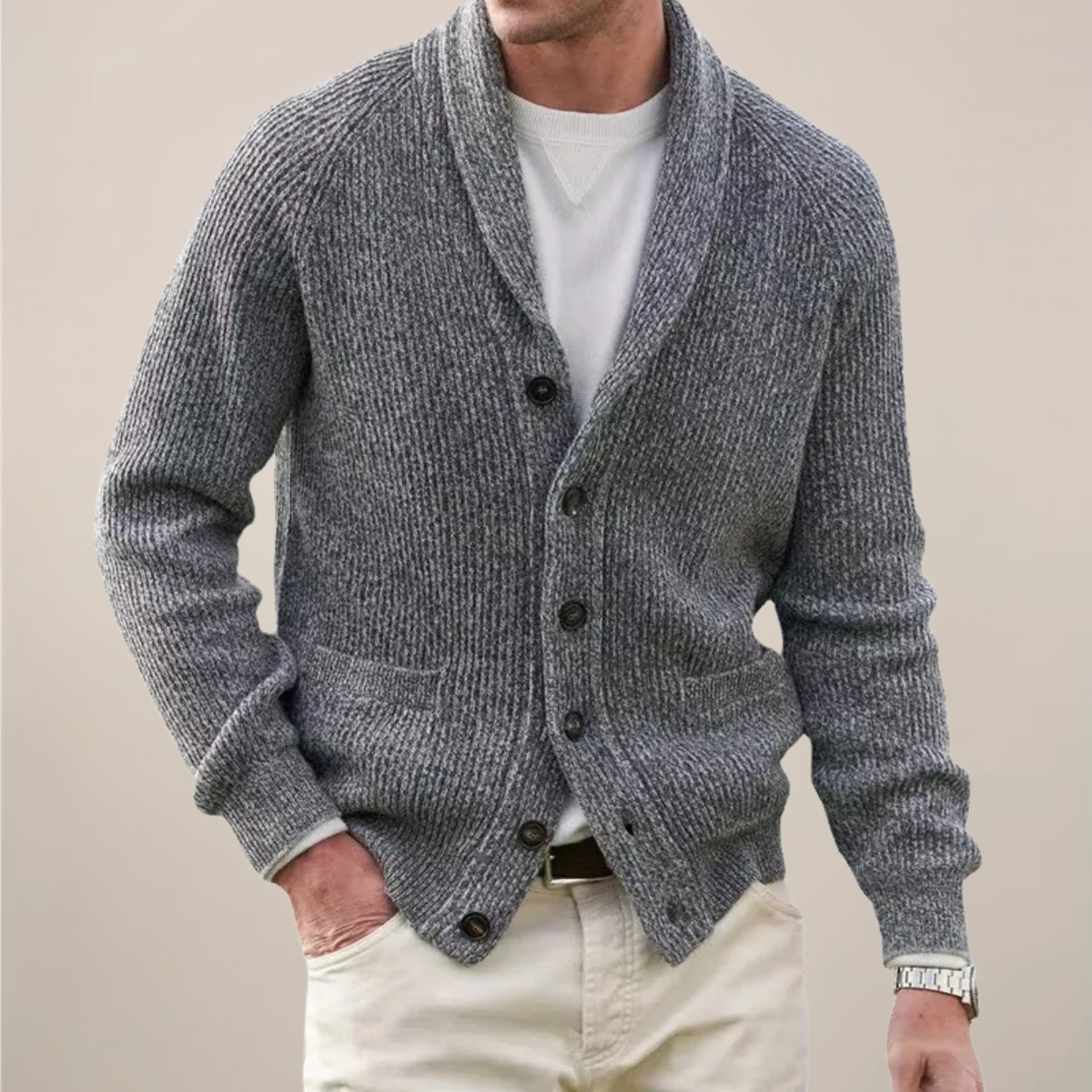 Clásico Cárdigan para Hombre Cuello-Chal Con-Botones De-Punto