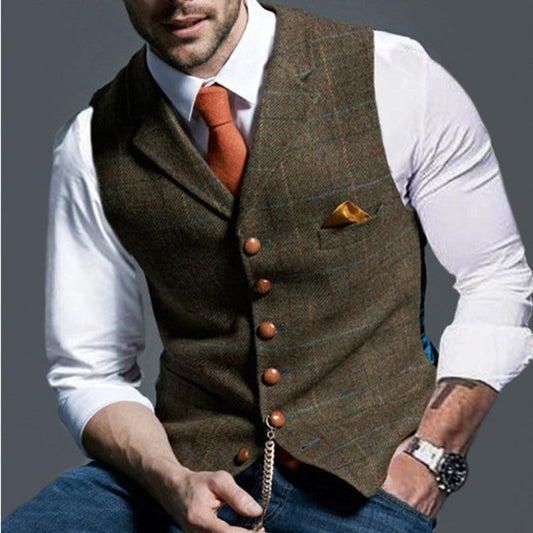 Clásico Chaleco de Tweed para Hombre Ajustado Estampado-de-Cuadros Con-Botones