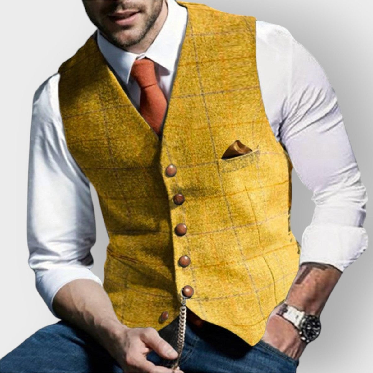 Clásico Chaleco de Tweed para Hombre Ajustado Estampado-de-Cuadros Con-Botones