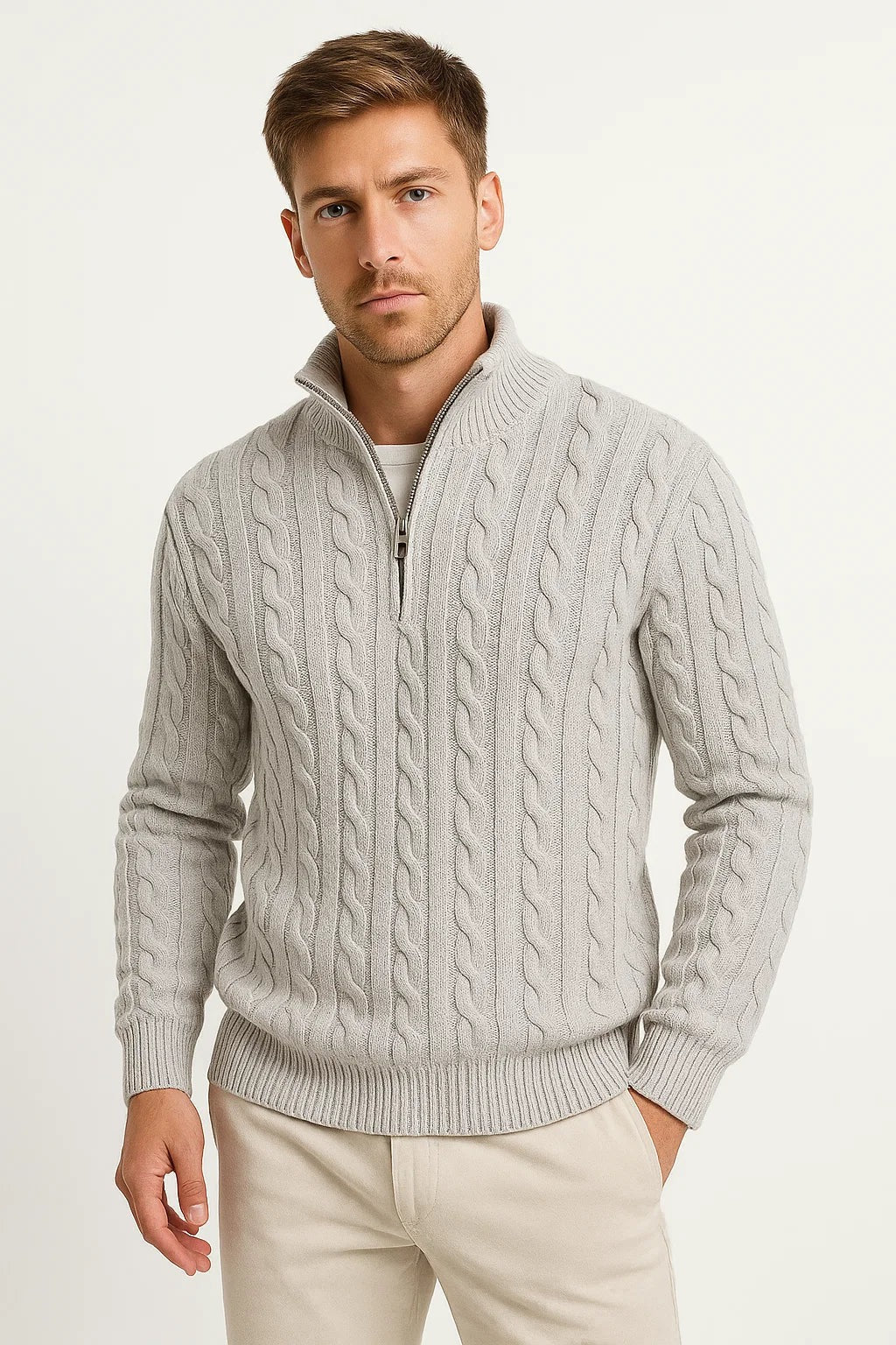 Clásico Jersey para Hombre Punto-Trenzado Cuello-con-Cremallera