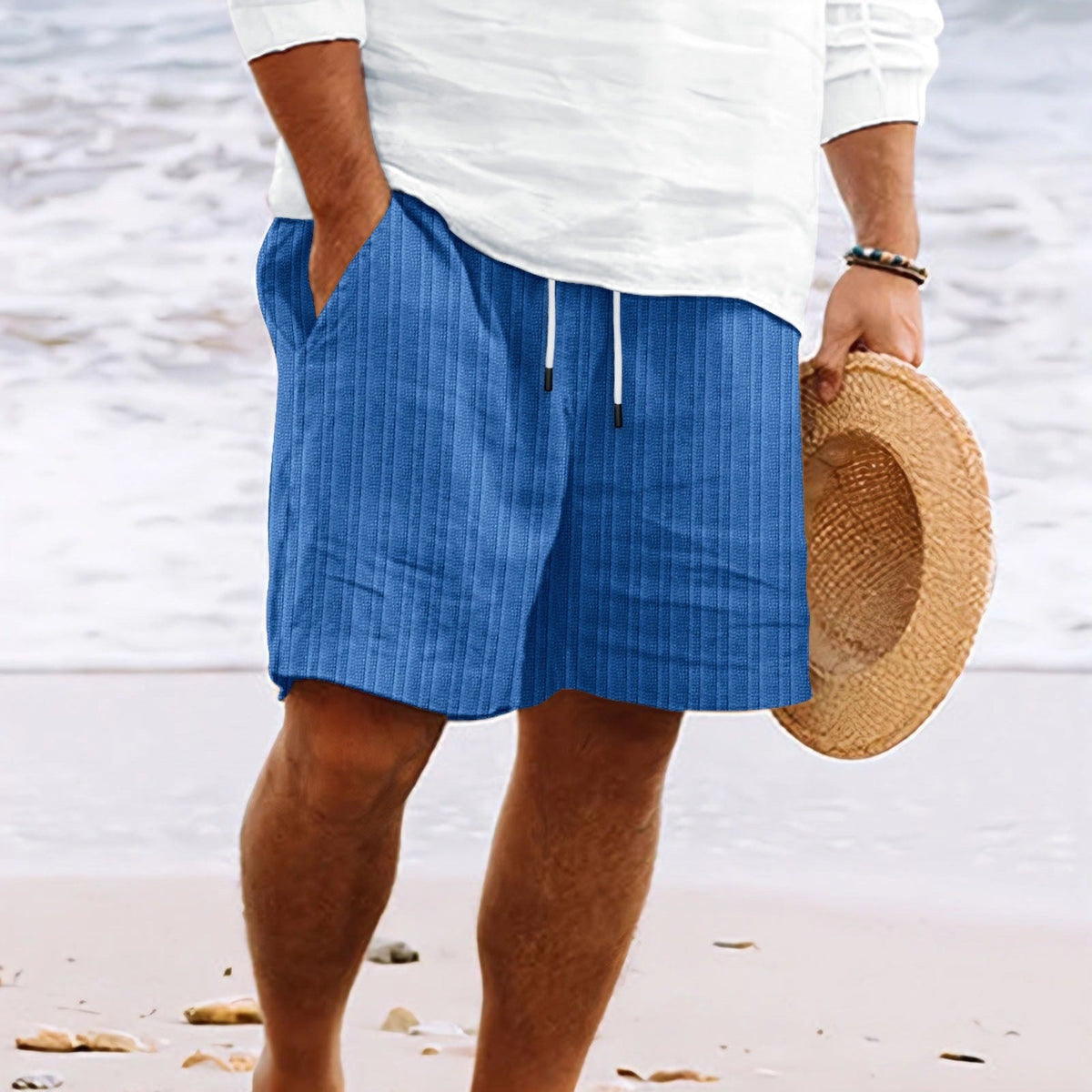 Clásicos Pantalones Cortos para Hombre De-Rayas Con-Cordón Holgados