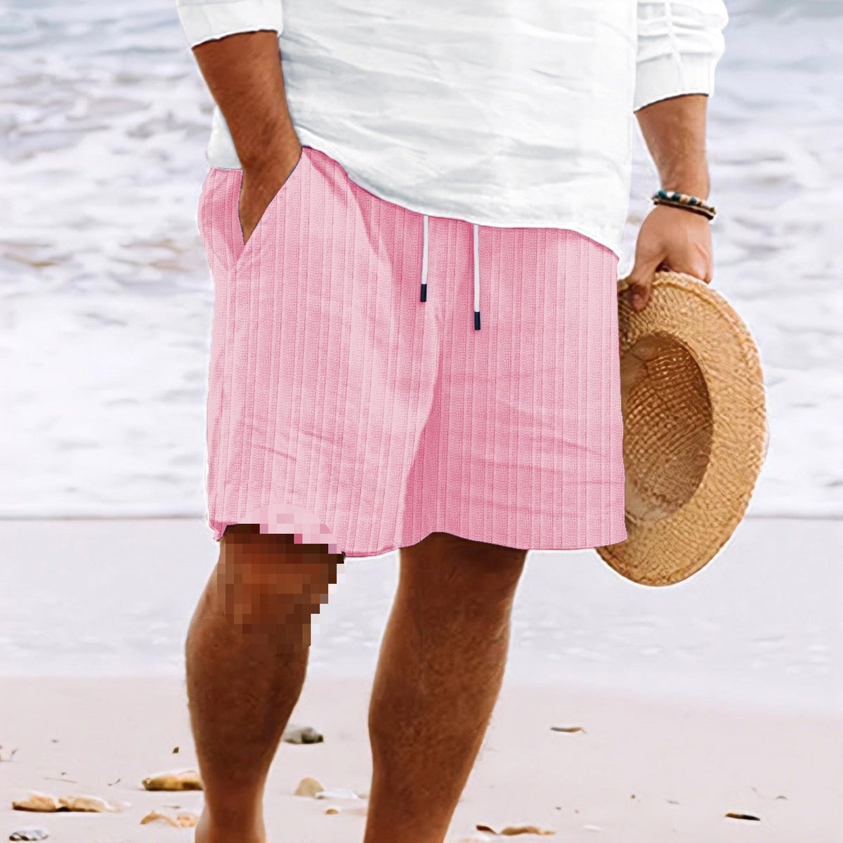 Clásicos Pantalones Cortos para Hombre De-Rayas Con-Cordón Holgados