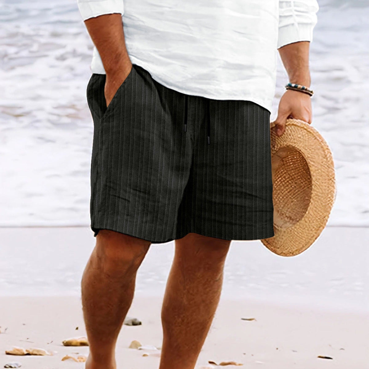 Clásicos Pantalones Cortos para Hombre De-Rayas Con-Cordón Holgados